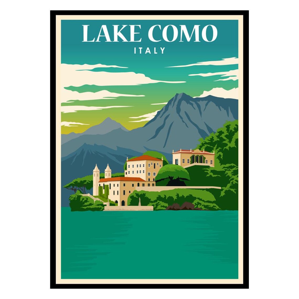 Lake Como Italy Vintage Travel Poster Scenic Villa Mountain Lake View