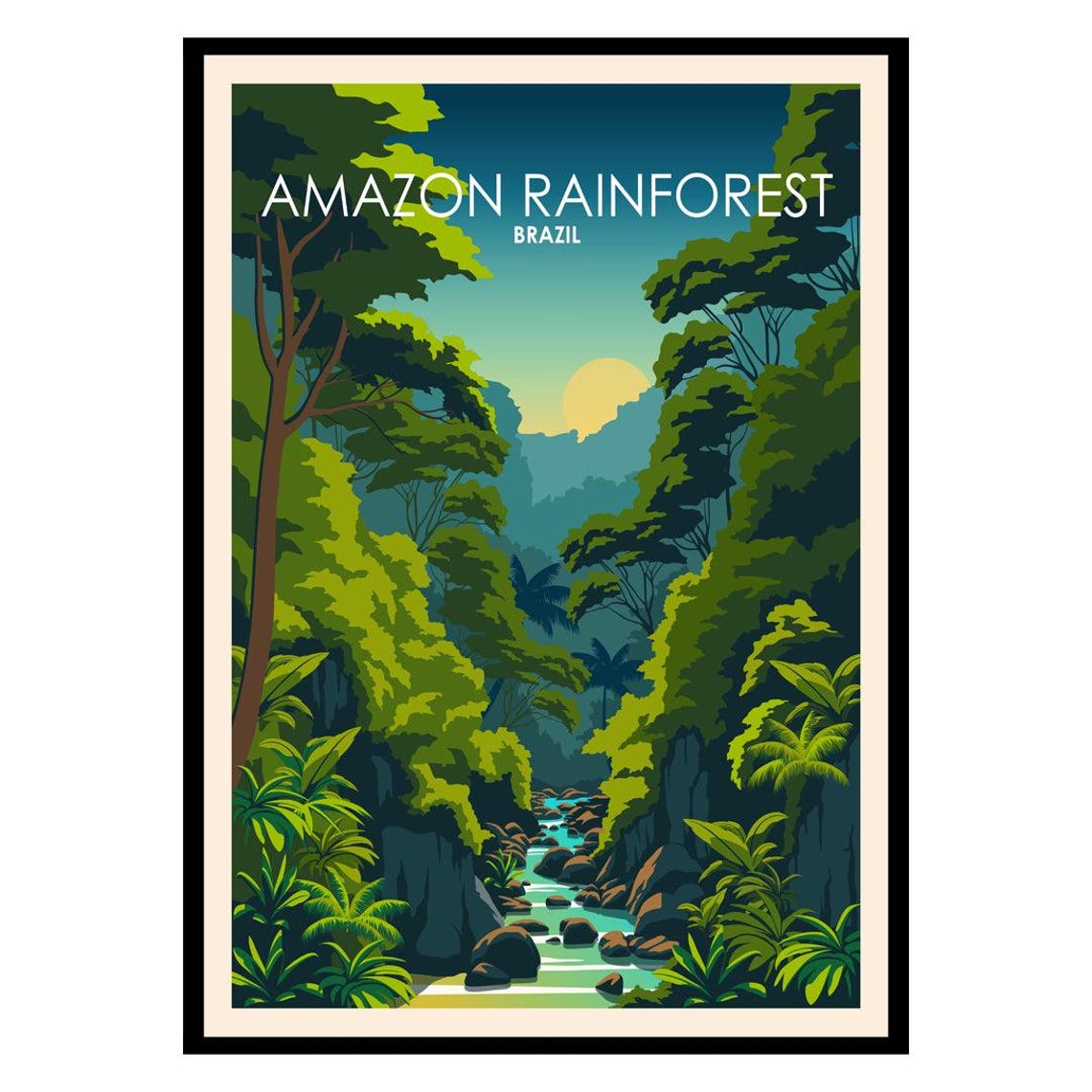Amazon Rainforest Brazil Jungle River Sunset Vintage Travel Poster