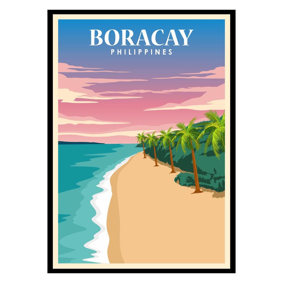 Boracay Philippines Palm Beach Sunset Vintage Travel Poster Art