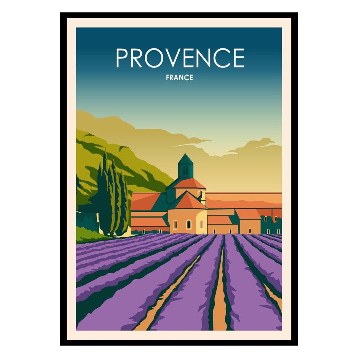 Provence France Lavender Fields Abbey Vintage Travel Art Poster