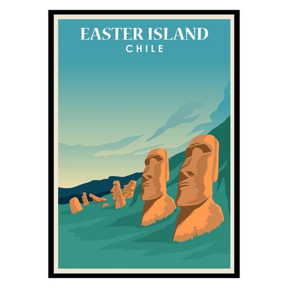 Easter Island Chile Moai Statues Sunset Vintage Travel Poster