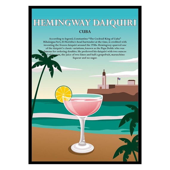 Hemingway Daiquiri Cuba Cocktail Recipe Vintage Beach Bar Poster