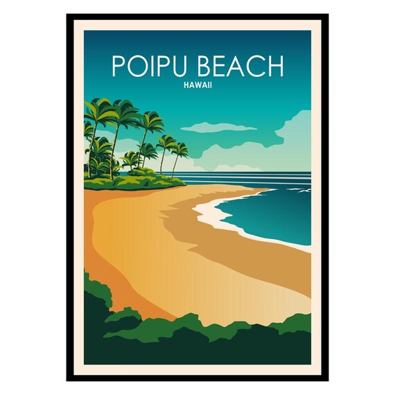Poipu Beach Hawaii Golden Sand Palms Vintage Travel Art Poster
