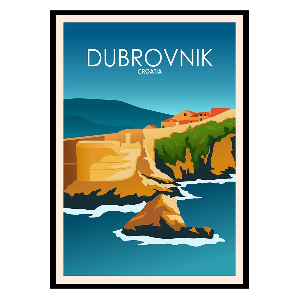 Dubrovnik Croatia Vintage Travel Poster Adriatic Sea Walls Art