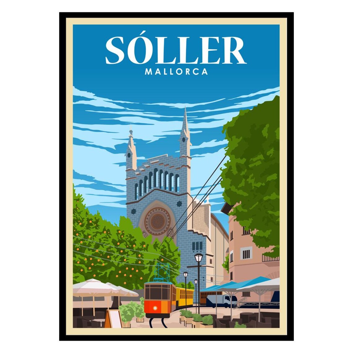 Sóller Mallorca Island Church Tram Vintage Spain Travel Poster