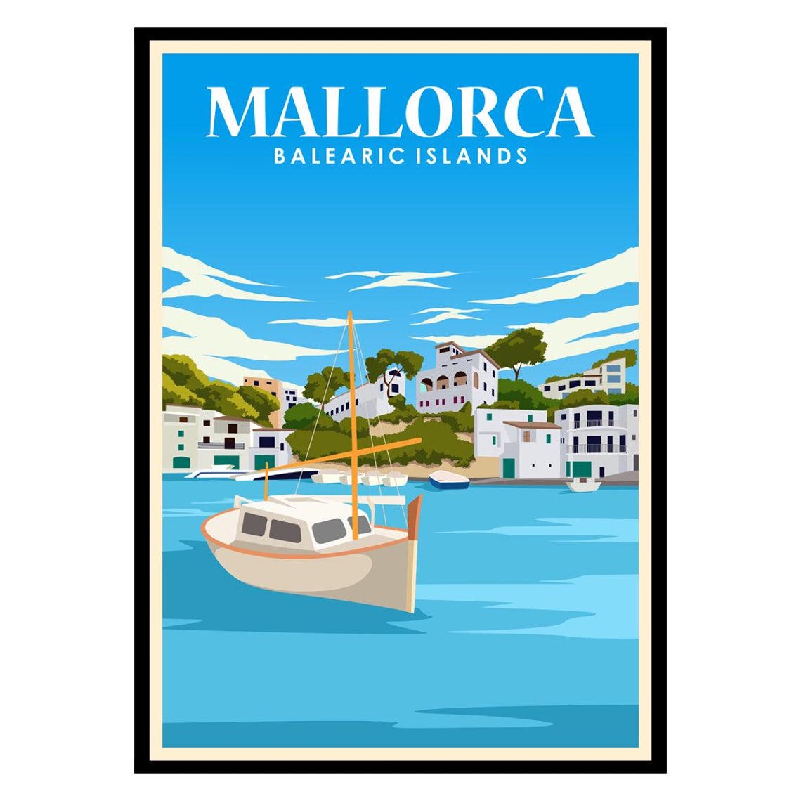 Mallorca Balearic Islands Sailboat Harbor Vintage Travel Poster