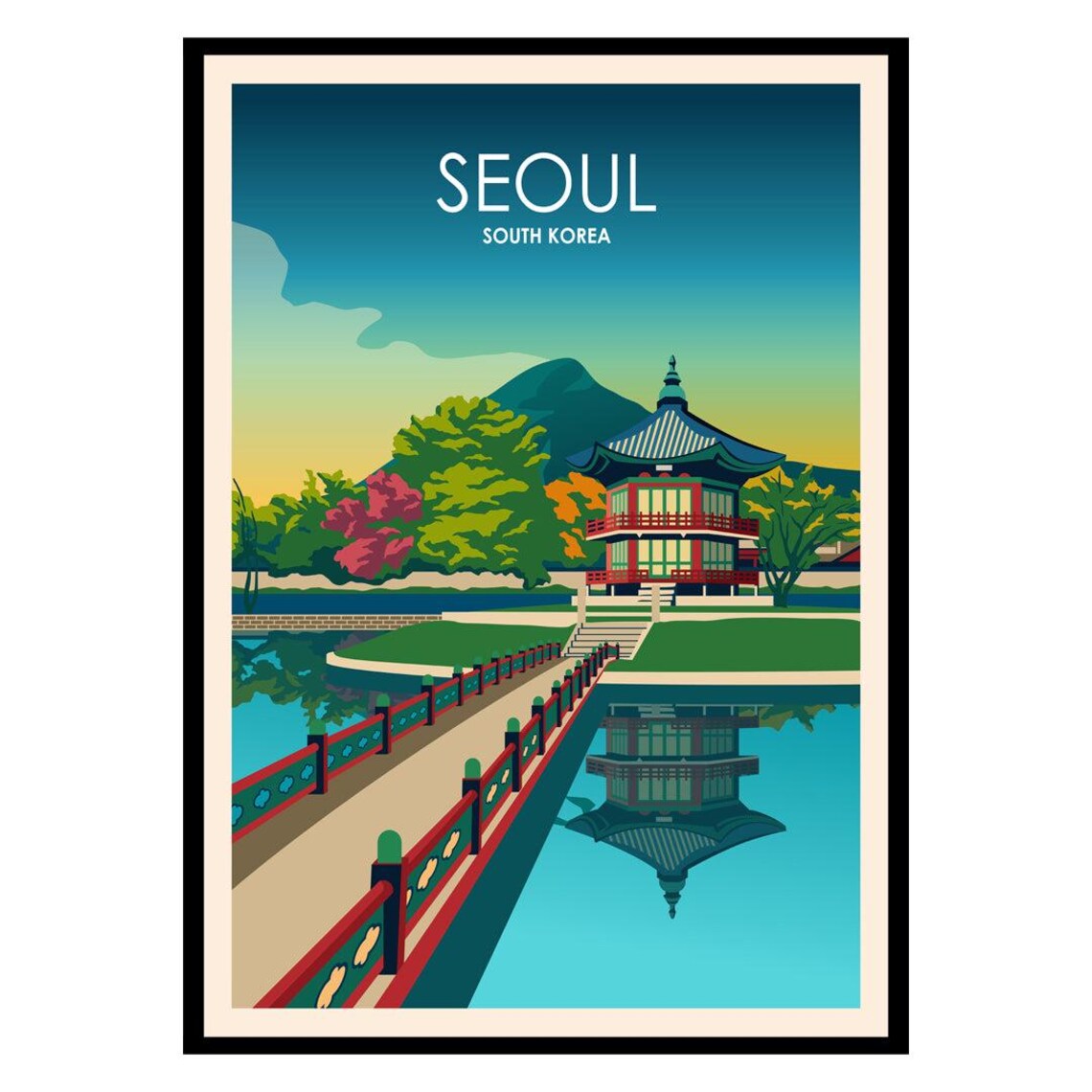 Seoul South Korea Pagoda Pond Reflection Vintage Travel Poster