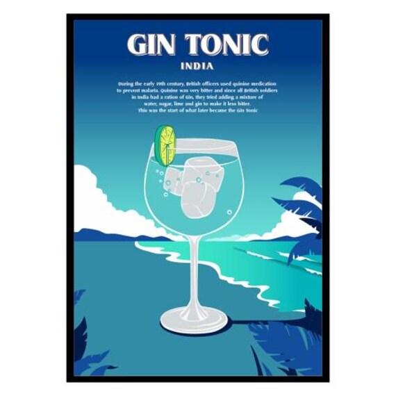 Gin Tonic India Retro Cocktail History Vintage Blue Travel Poster