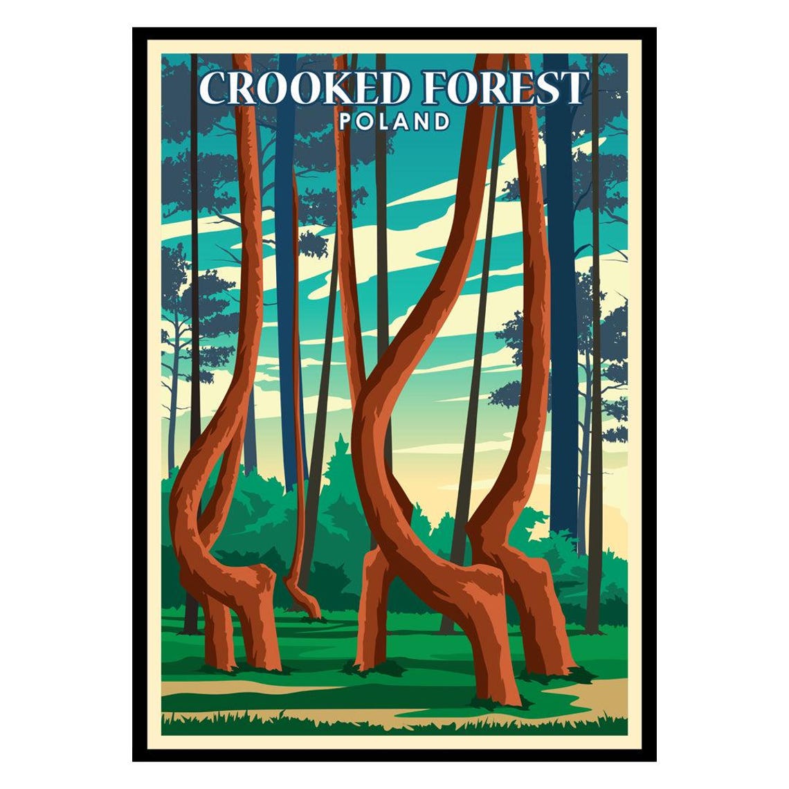 Crooked Forest Poland Curved Pine Trees Vintage Travel Wall Poster