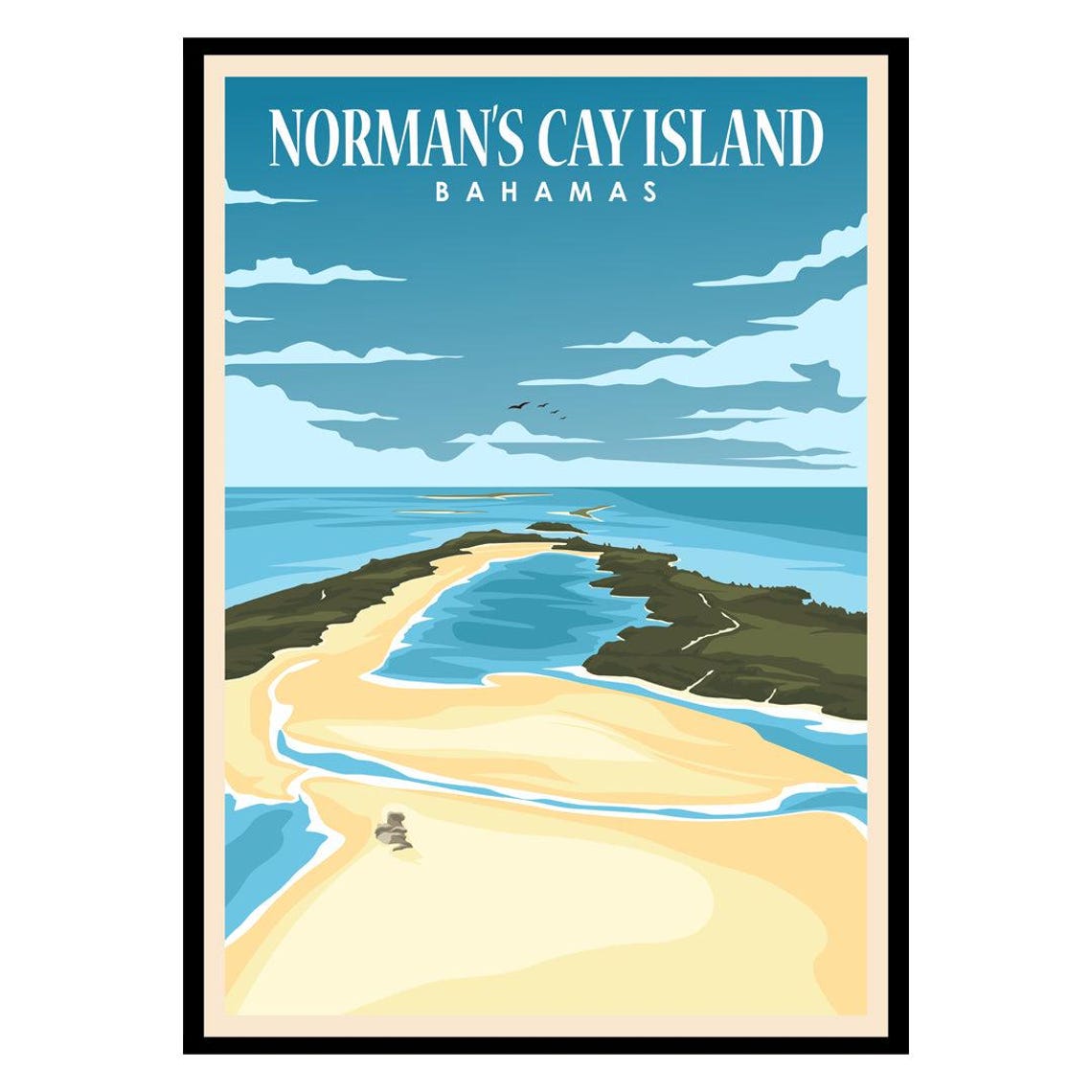 Normans Cay Island Bahamas Travel Poster Sandbar Aerial Beach Decor
