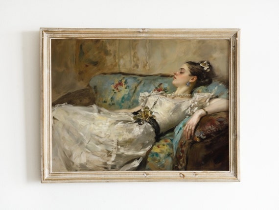 Victorian Woman On Couch Painting Vintage Wall Art Moody Wall Decor Girl Laying Down Bedroom Print Living Room
