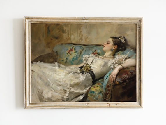 Victorian Woman Reclining On Floral Couch Moody Classic Oil Painting Poster