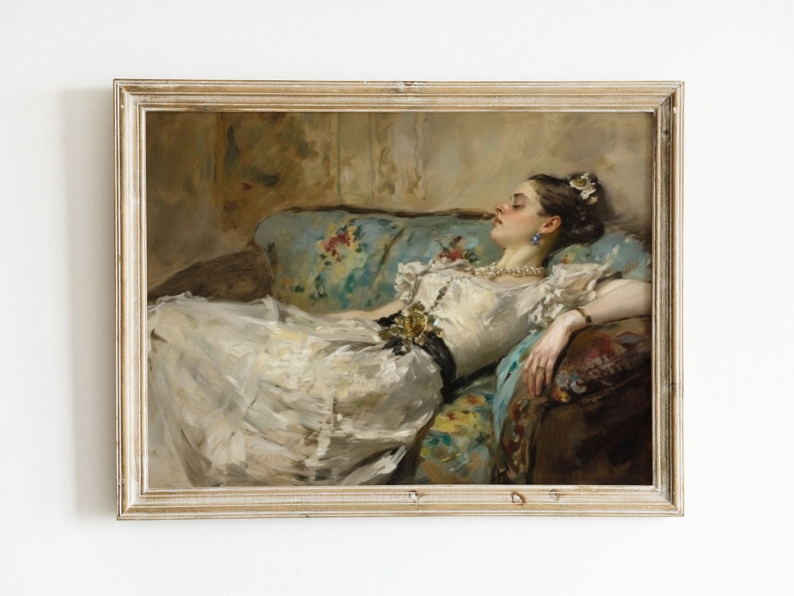Victorian Woman On Couch Painting Vintage Wall Art Moody Wall Decor Girl Laying Down Bedroom Print Living Room