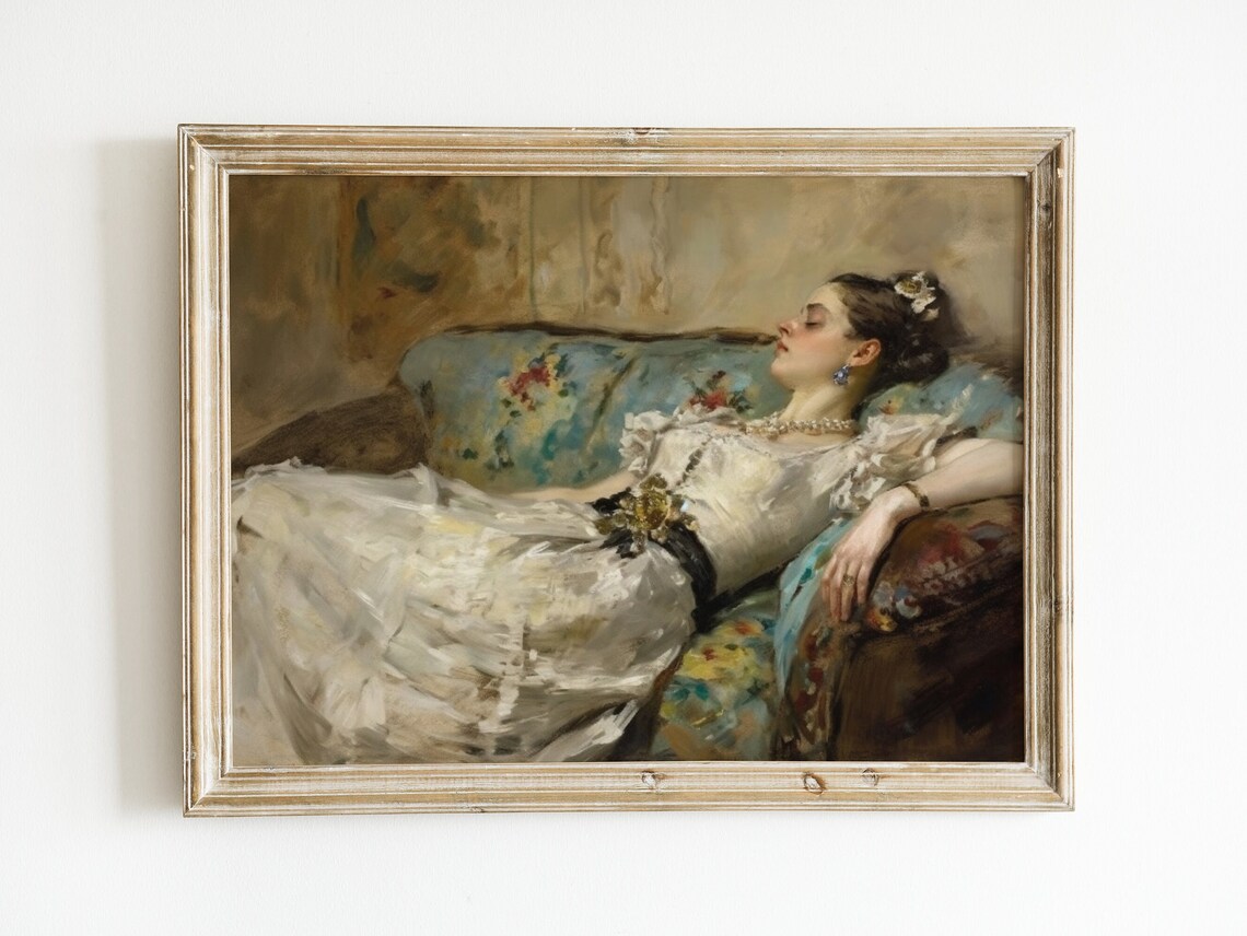 Victorian Woman Reclining On Floral Couch Moody Classic Oil Painting Poster