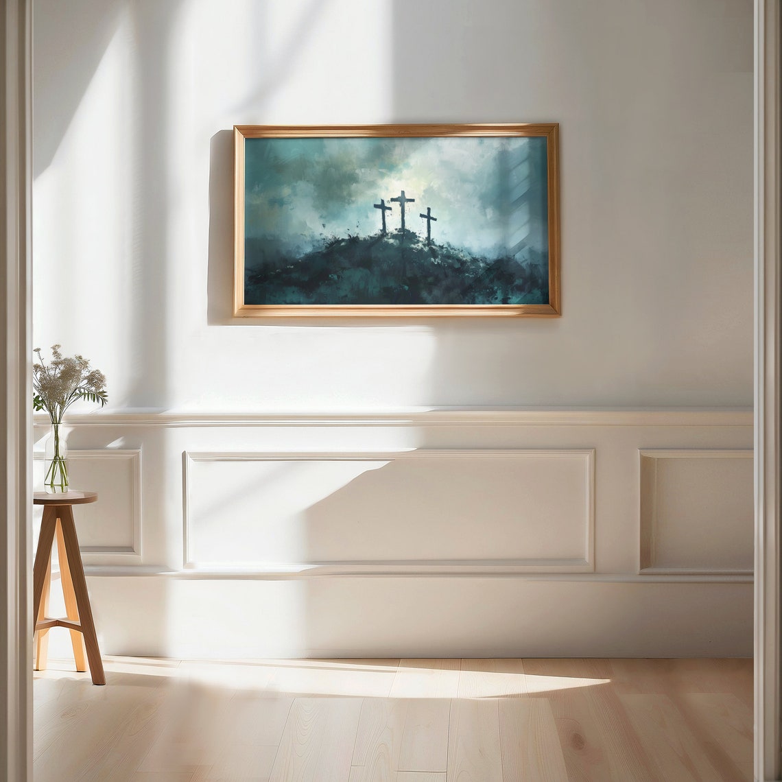 Three Crosses Moody Teal Stormy Sky Calvary Easter Christian Poster - Image 2