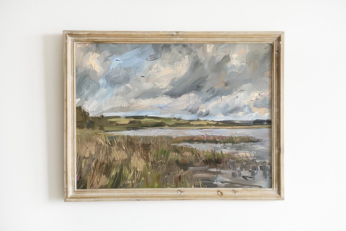 Vintage Landscape Painting Rustic Country Artwork Print Farmhouse Wall Decor Muted Neutral Pond And Field Art - Image 2