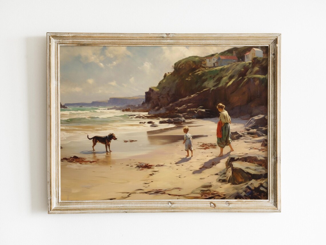 Vintage Beach Landscape Oil Painting, Coastal Art Print