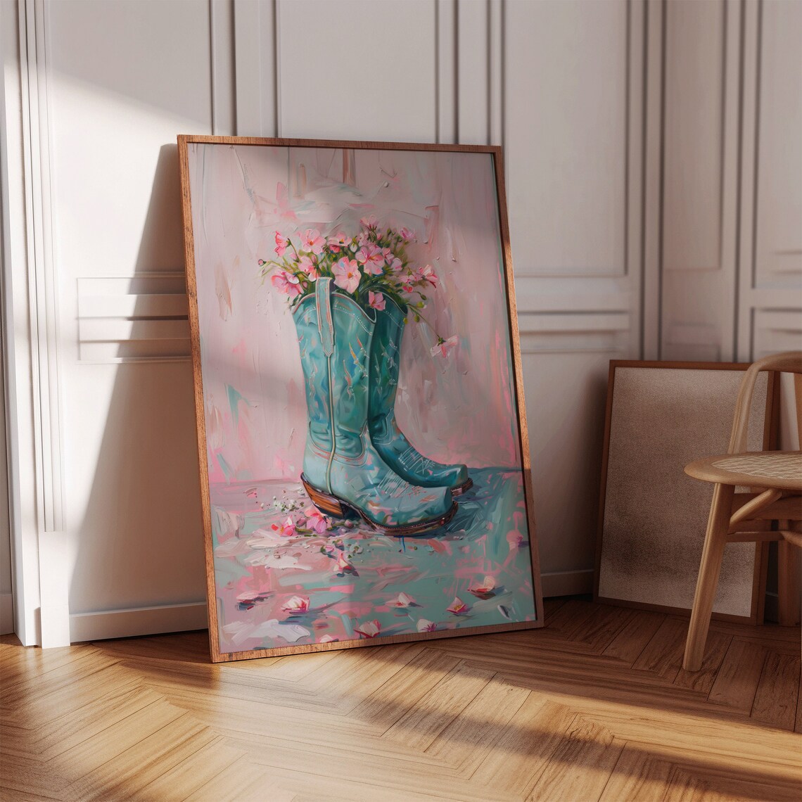 Turquoise Cowboy Boots Pink Flowers Pastel Coastal Cowgirl Poster