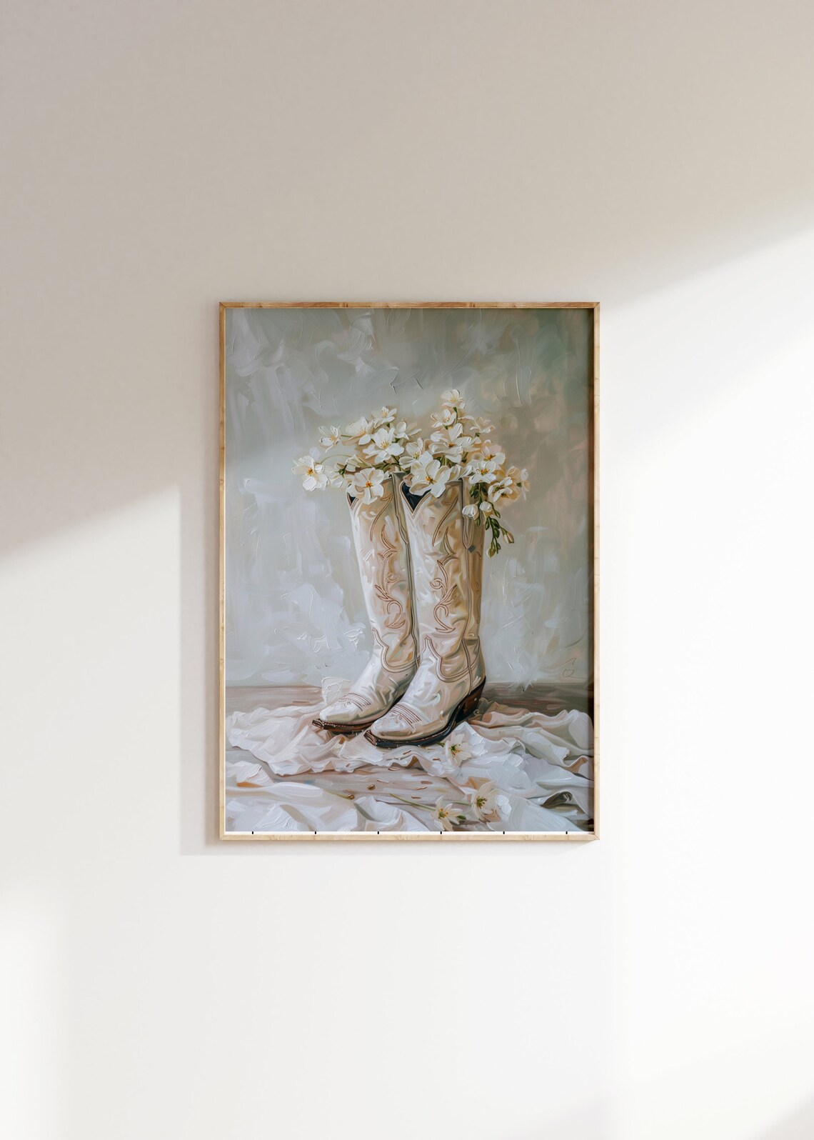 White Flowers In Cowboy Boots Farmhouse Art Print - Image 2