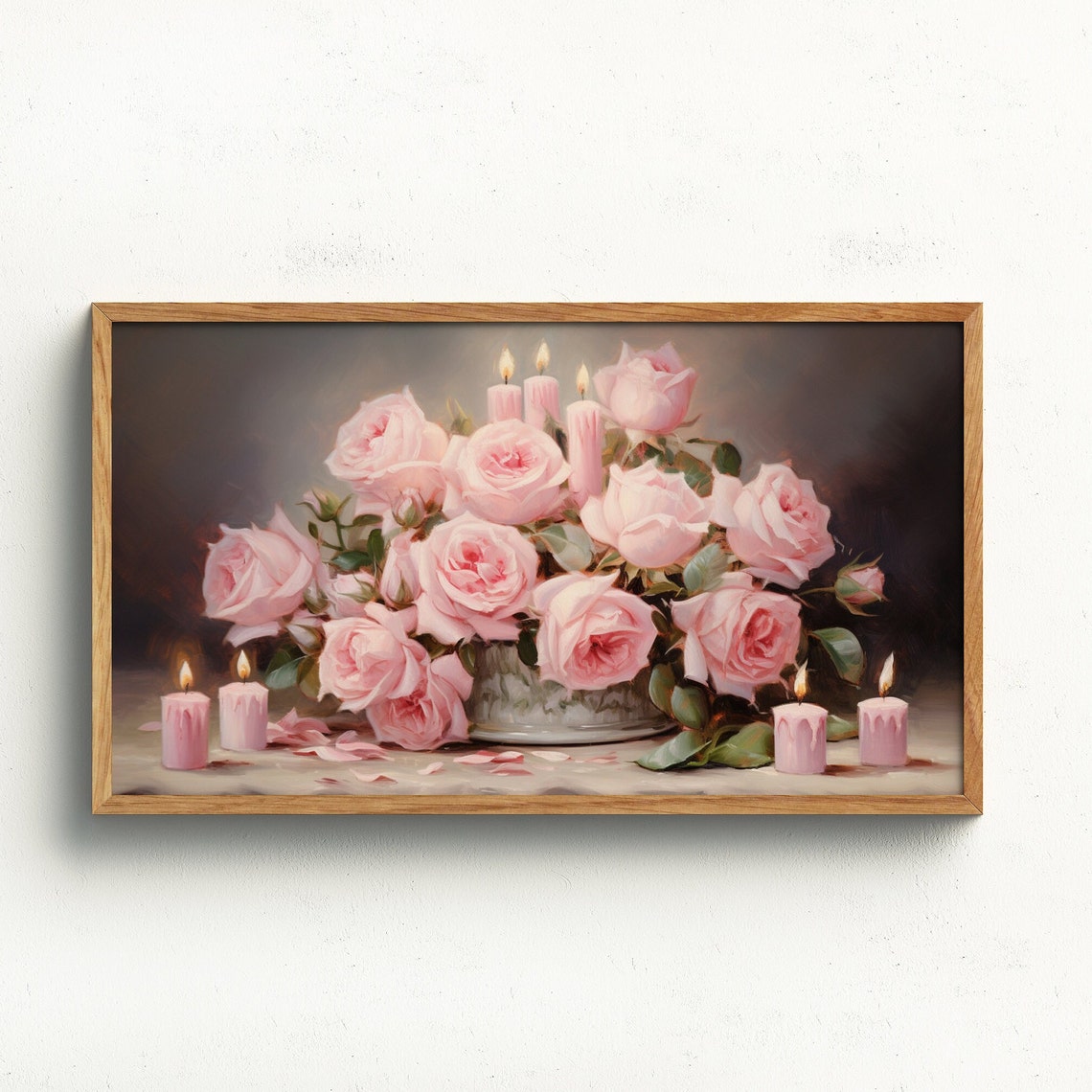 Pink Roses Glowing Candles Romantic Still Life Valentine Poster
