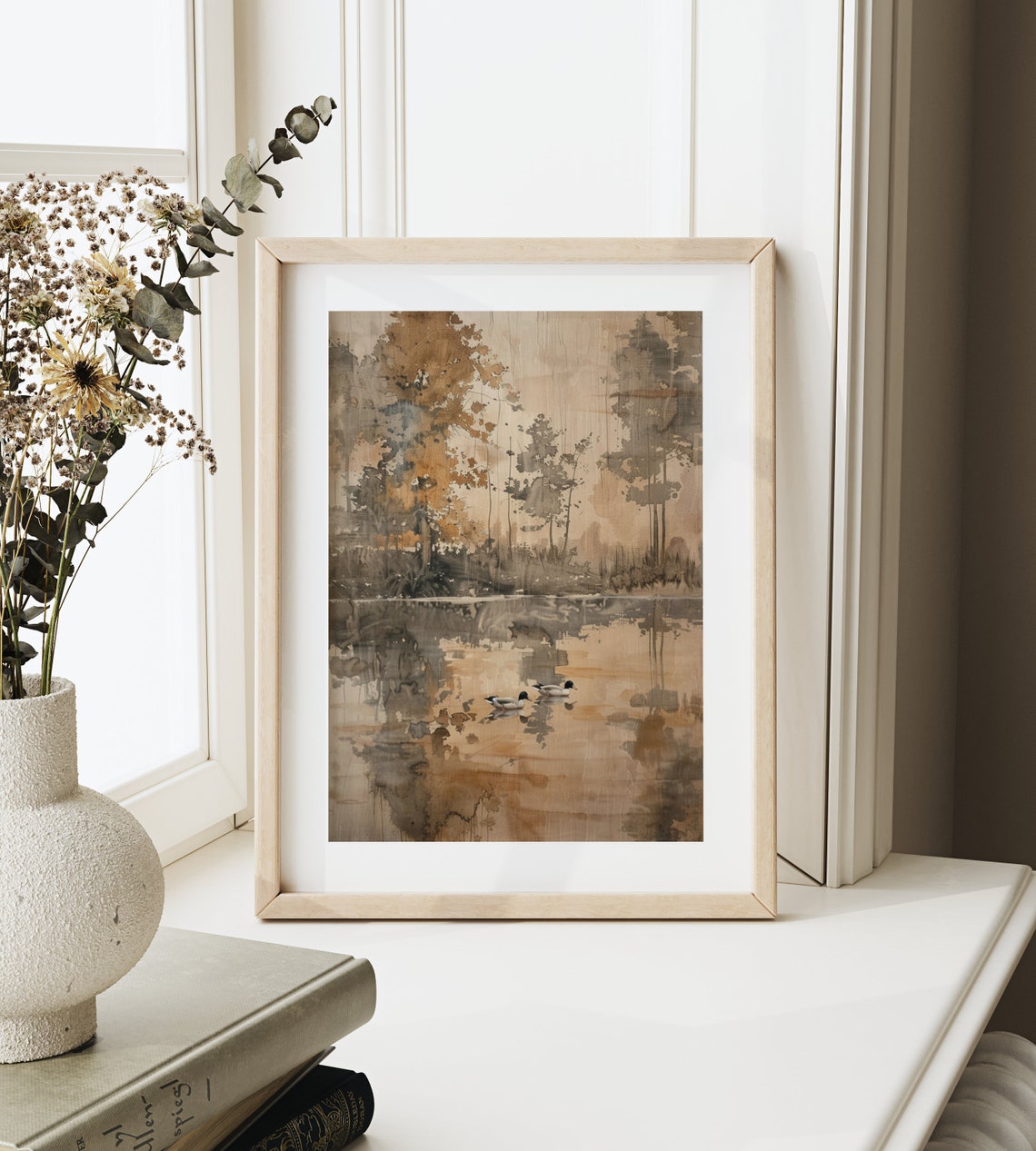 Two Mallard Ducks Calm Pond Muted Neutral Vintage Wildlife Art Poster - Image 2