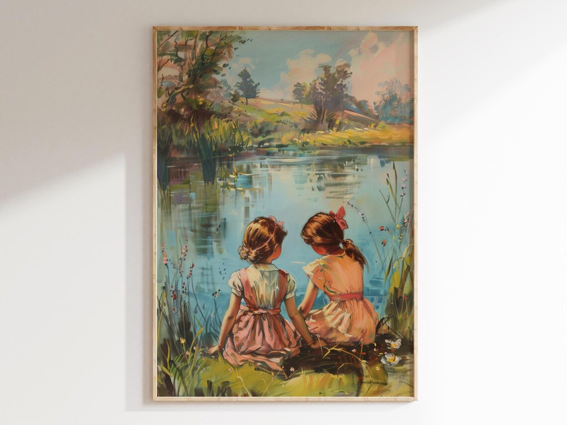 Two Little Sisters by the Lake Vintage Girls Room Painting Poster