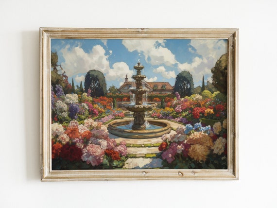Fountain Flower Garden, Vintage Oil Painting Print
