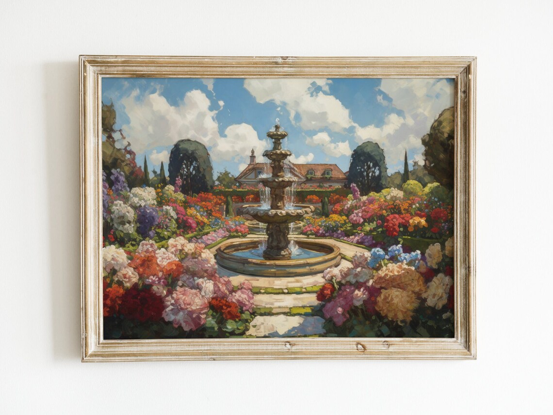 Fountain Flower Garden, Vintage Oil Painting Print