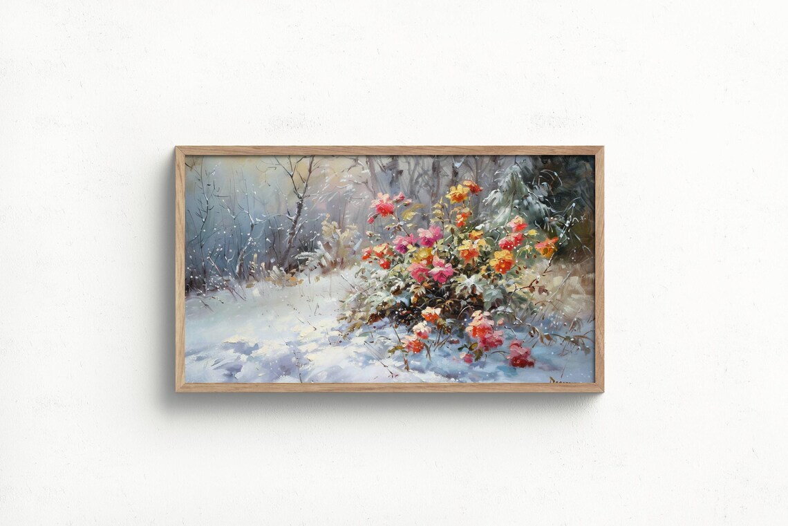 Winter Flowers Blooming In Snow Pink Blossoms Frosted Forest Art Print - Image 2