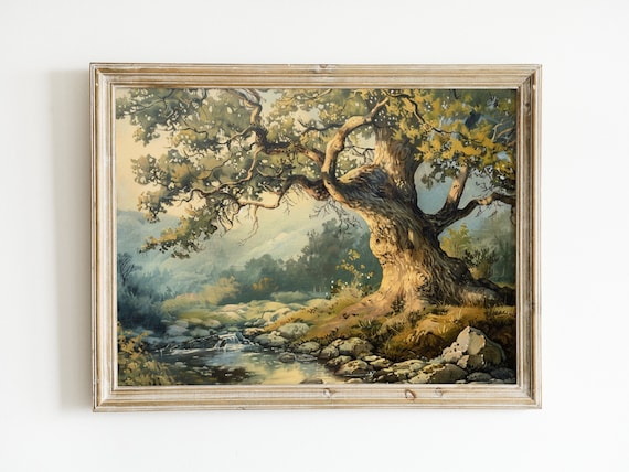 Vintage Landscape Oil Painting Oak Tree By Stream Print Muted Neutral Colors Wall Art Rustic Antique Decor