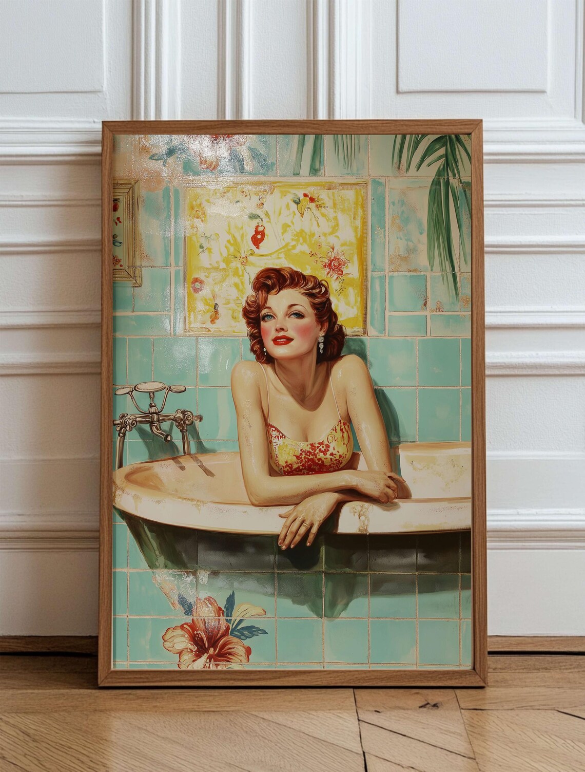 Retro Pin-Up Woman Relaxing in Vintage Bathtub Bathroom Wall Art
