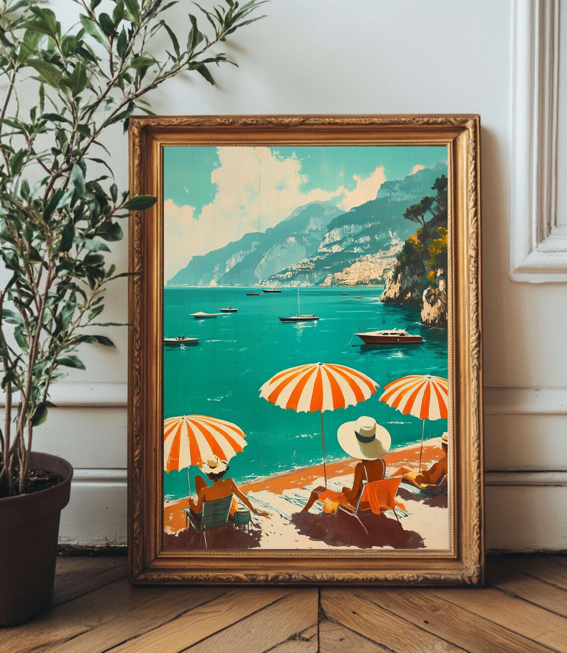 Retro Italian Coast Orange Umbrellas Beachgoers Summer Poster