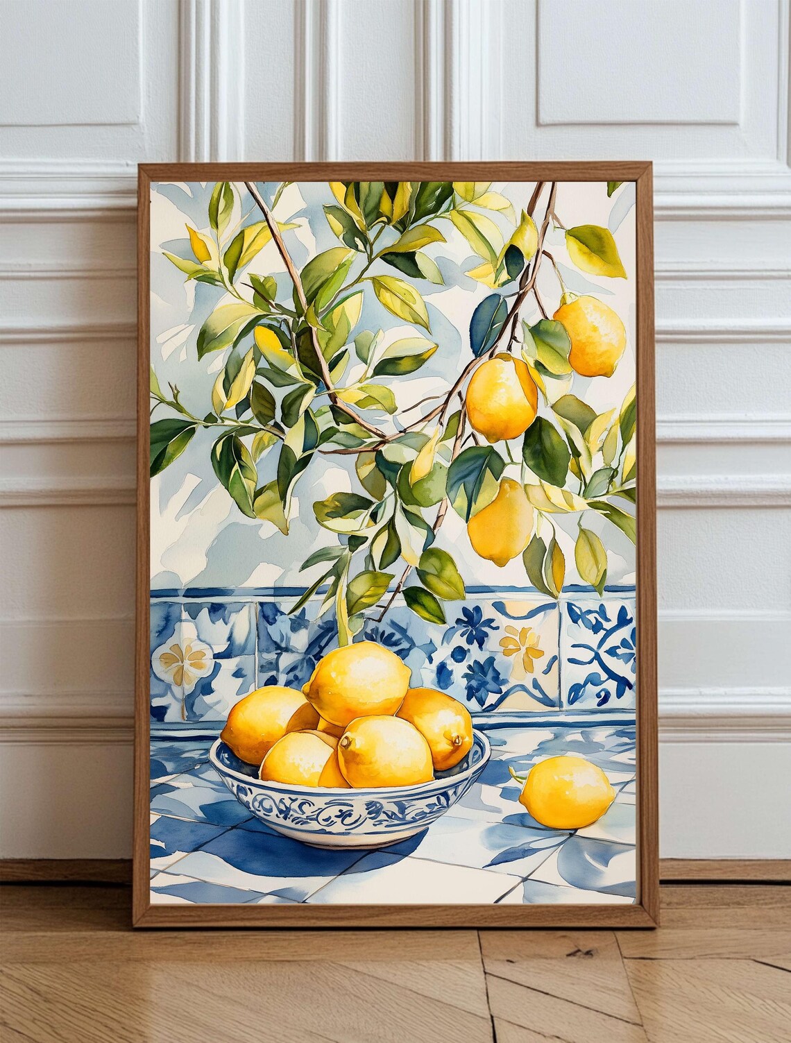 Sicilian Lemons In Bowl On Blue Tiles Watercolor Kitchen Poster