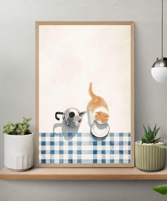 Orange Kitten Drinking Milk Beside Moka Pot Gingham Table Poster