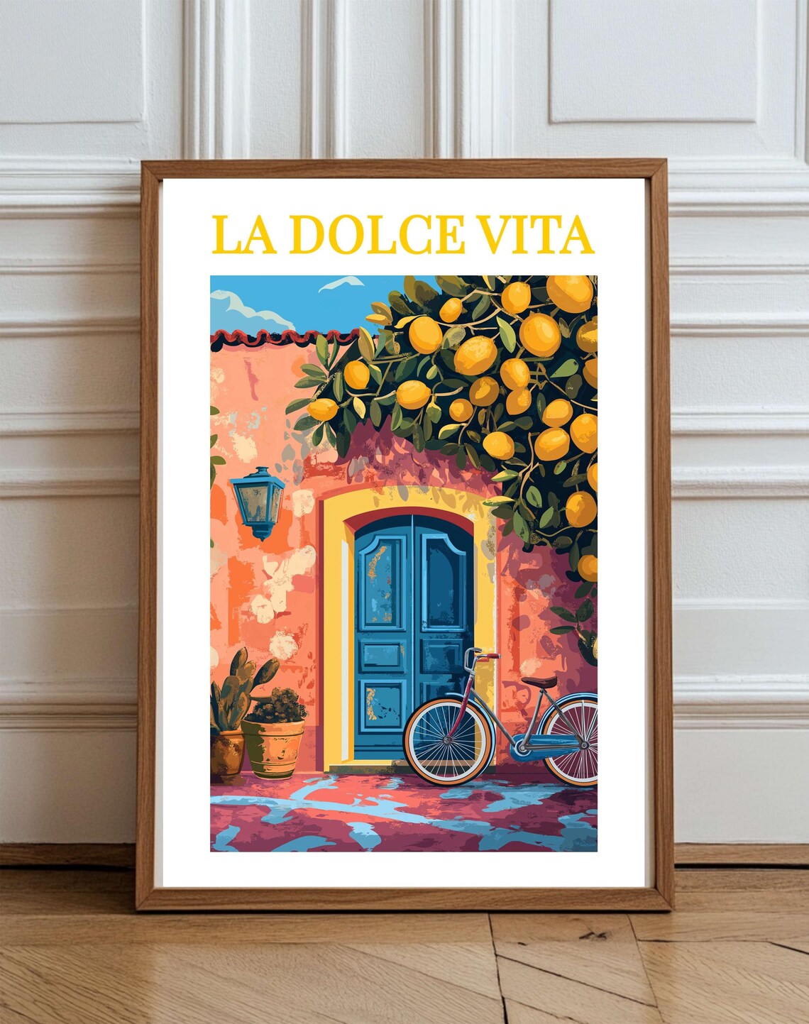 La Dolce Vita Yellow Poster with Terracotta House Blue Door Lemons