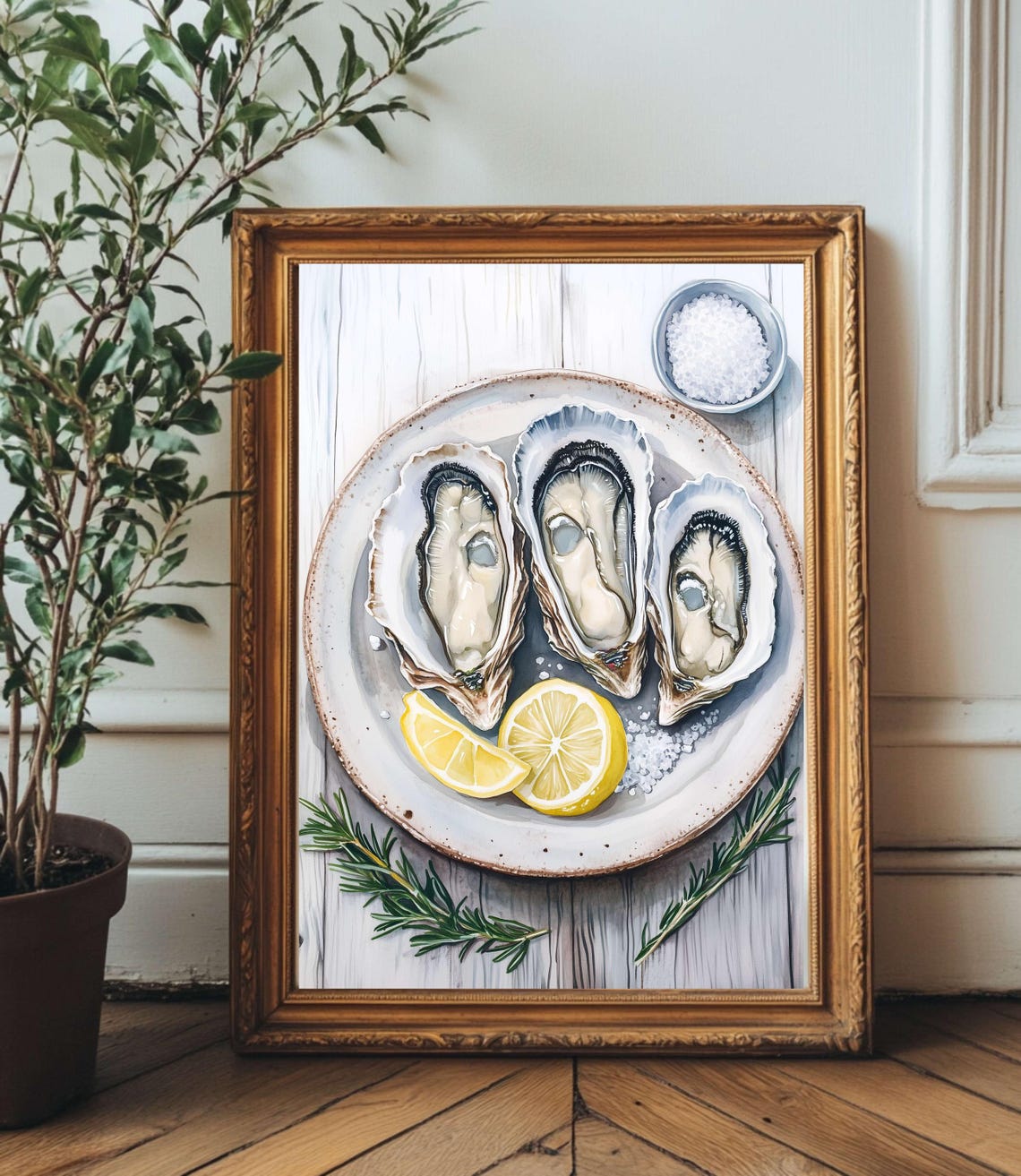 Fresh Oysters Watercolor Lemon Rosemary Coastal Kitchen Wall Art