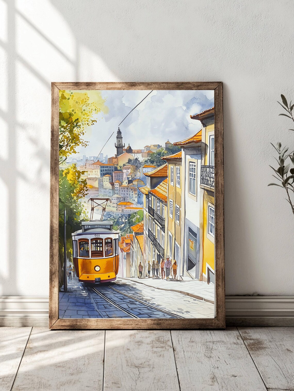 Porto Yellow Tram Climbing Steep Street Watercolor Travel Poster