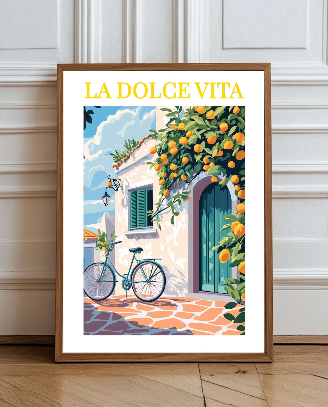 La Dolce Vita Italian Poster with Lemon Tree Bicycle and Teal Door