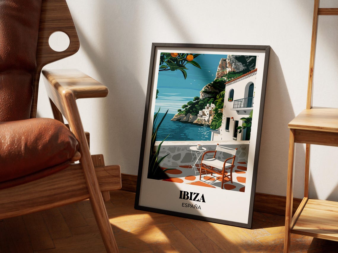 Ibiza Spain Seaside Terrace White Villa Ocean View Retro Travel Poster - Image 4