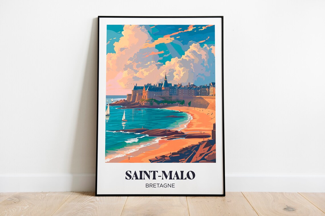 Saint-Malo Bretagne Walled City Beach Sailboats Travel Poster