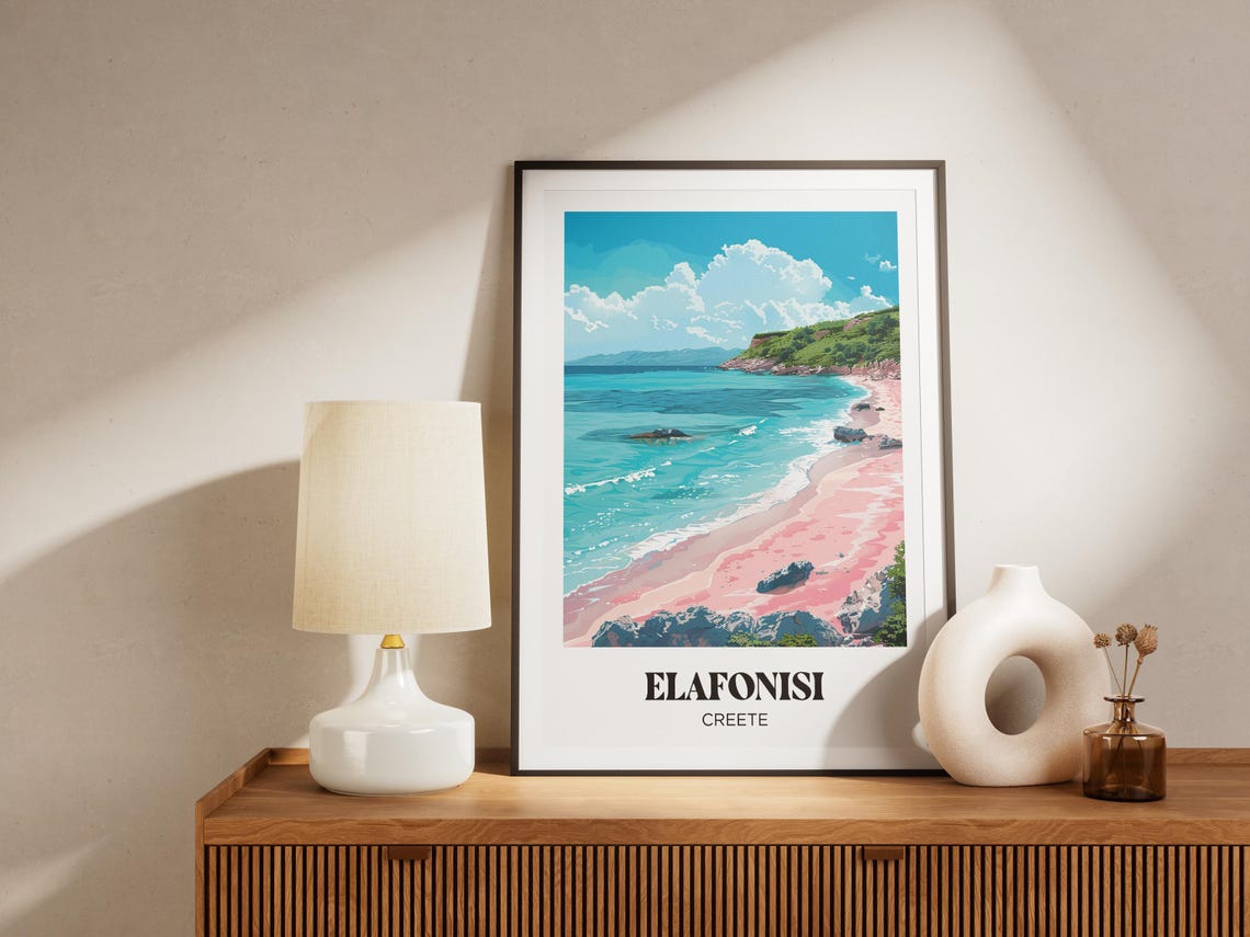 Elafonisi Crete Pink Sand Beach Turquoise Water Retro Travel Poster - Image 4