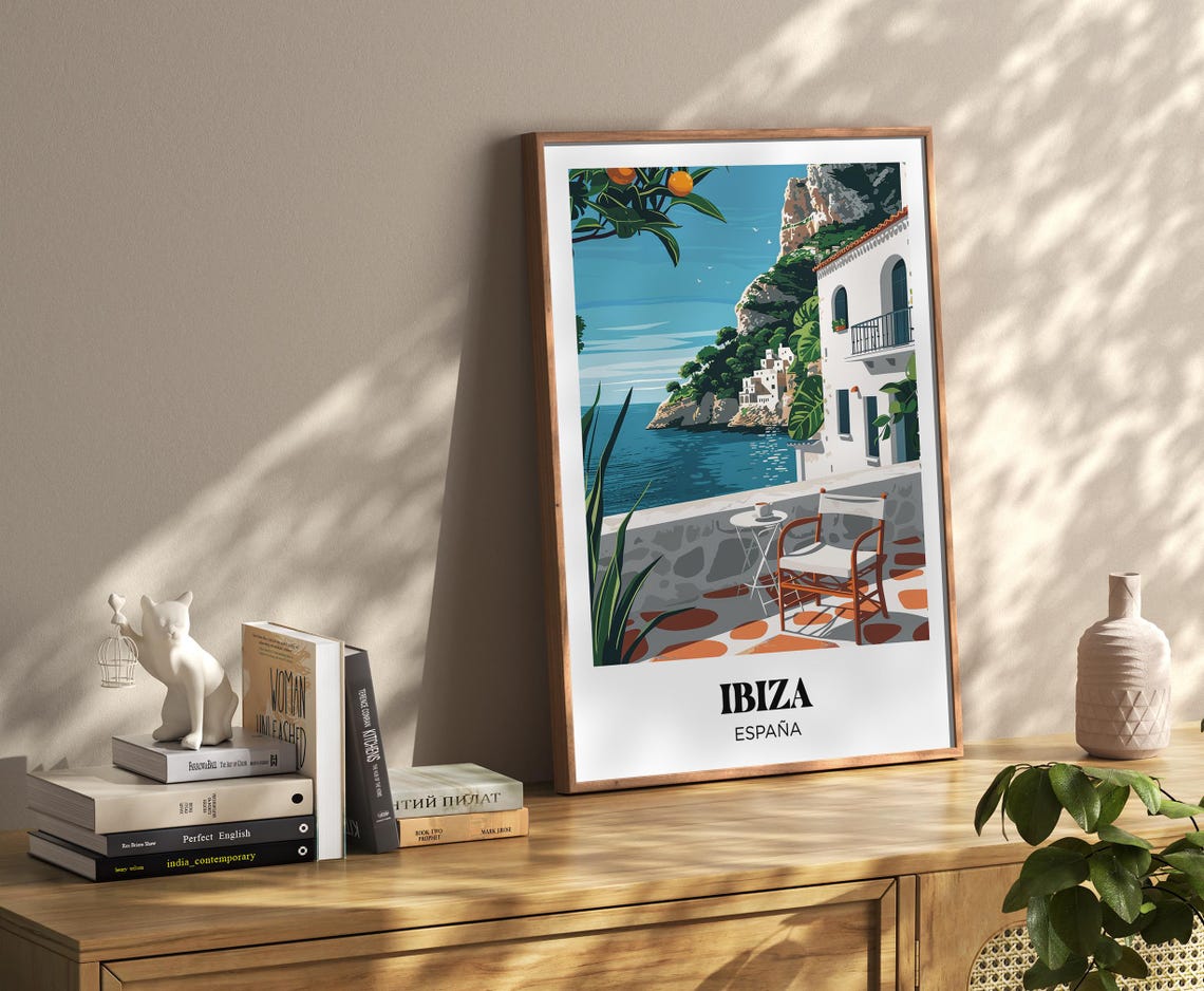Ibiza Spain Seaside Terrace White Villa Ocean View Retro Travel Poster - Image 2