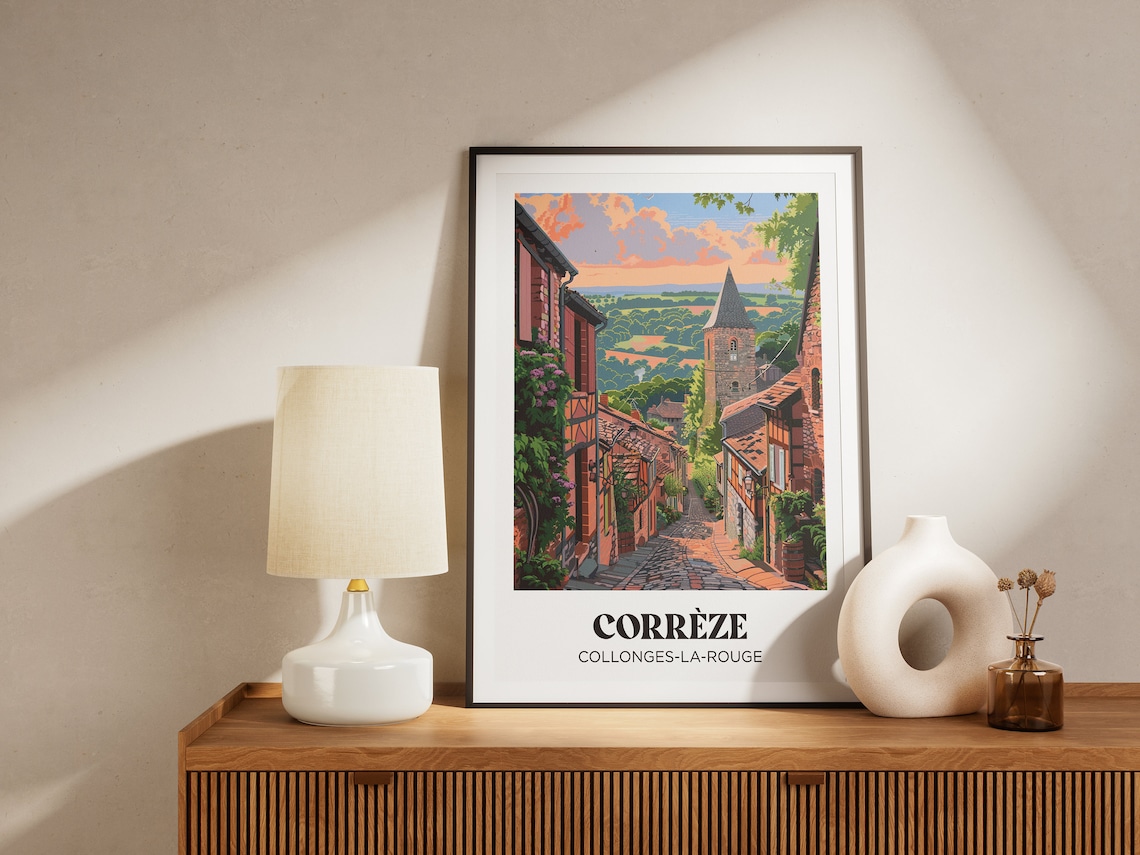 Correze Collonges la Rouge Village Street Sunset Retro Travel Poster - Image 3