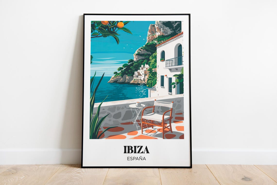 Ibiza Spain Seaside Terrace White Villa Ocean View Retro Travel Poster