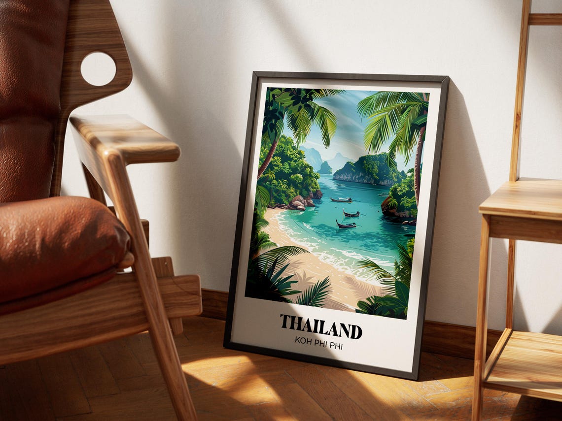 Thailand Koh Phi Phi Tropical Bay Longtail Boats Retro Travel Poster - Image 2