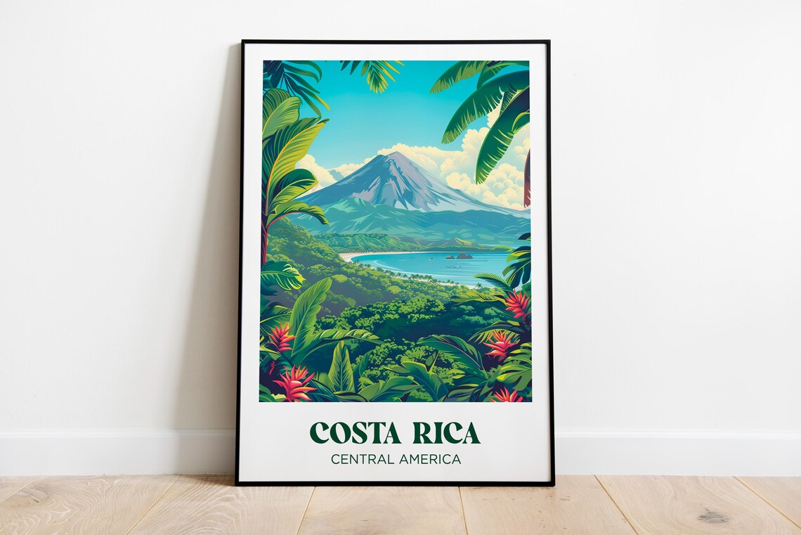 Costa Rica Central America Volcano Jungle Bay Vintage Travel Poster