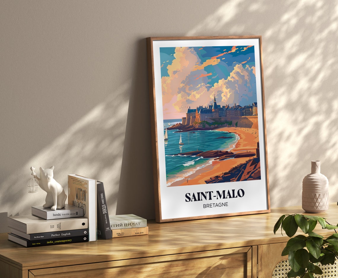 Saint-Malo Bretagne Walled City Beach Sailboats Travel Poster - Image 3