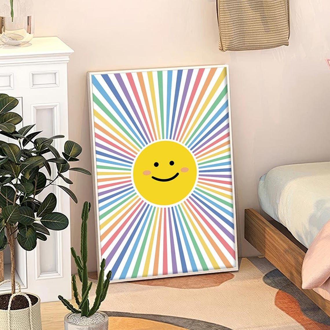 Rainbow Smiling Sun Happy Face Cheerful Kids Nursery Room Poster