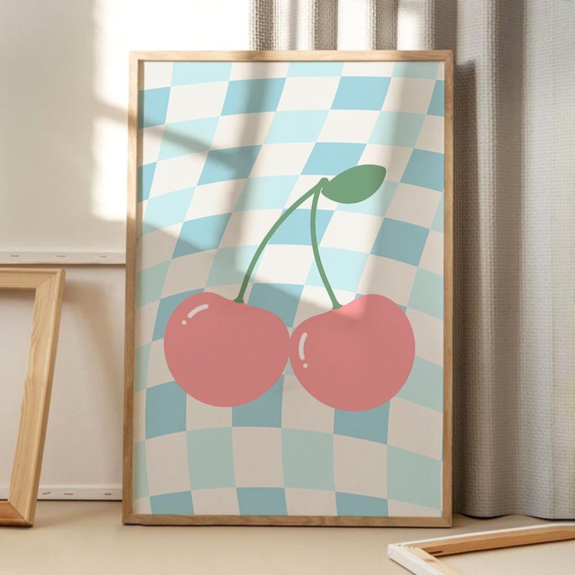 Cute Pink Cherries Blue Checkered Retro Kitchen Fruit Art Poster
