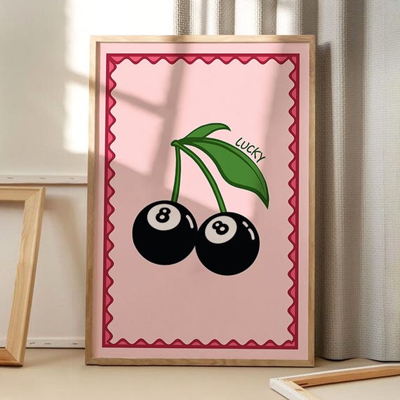 Lucky Me 8 Ball Cherry Art Poster Kitchen Wall Apartment Decor Retro Home Print Printed Gift